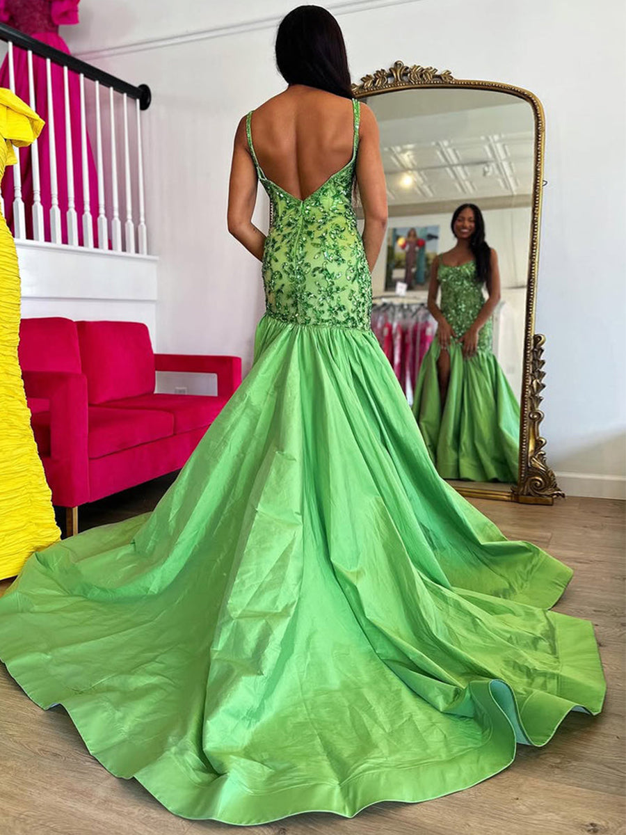 Green Mermaid Satin Sequin Beaded Long Prom Dress with Slit