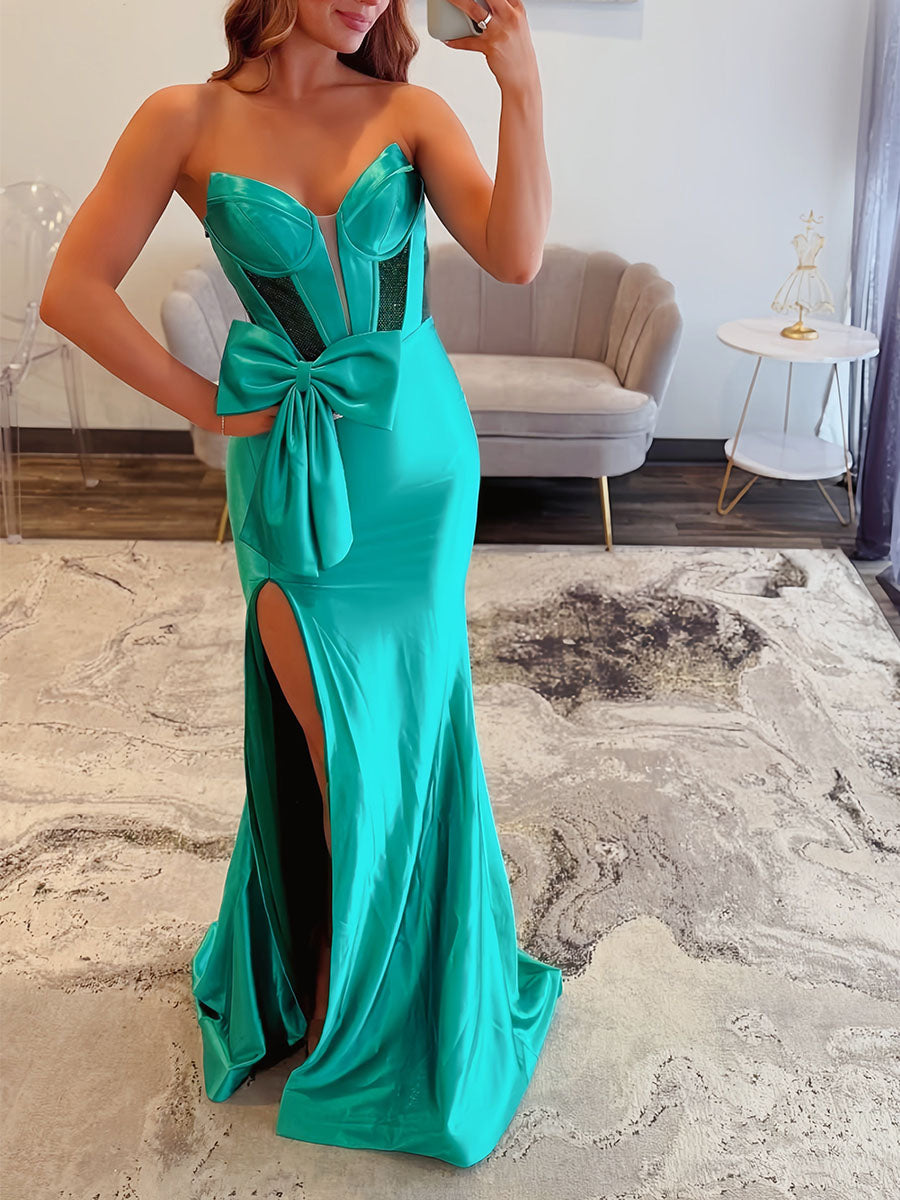 Green Mermaid Strapless Sweetheart Long Prom Dress with Slit - View 2 | FashionDia