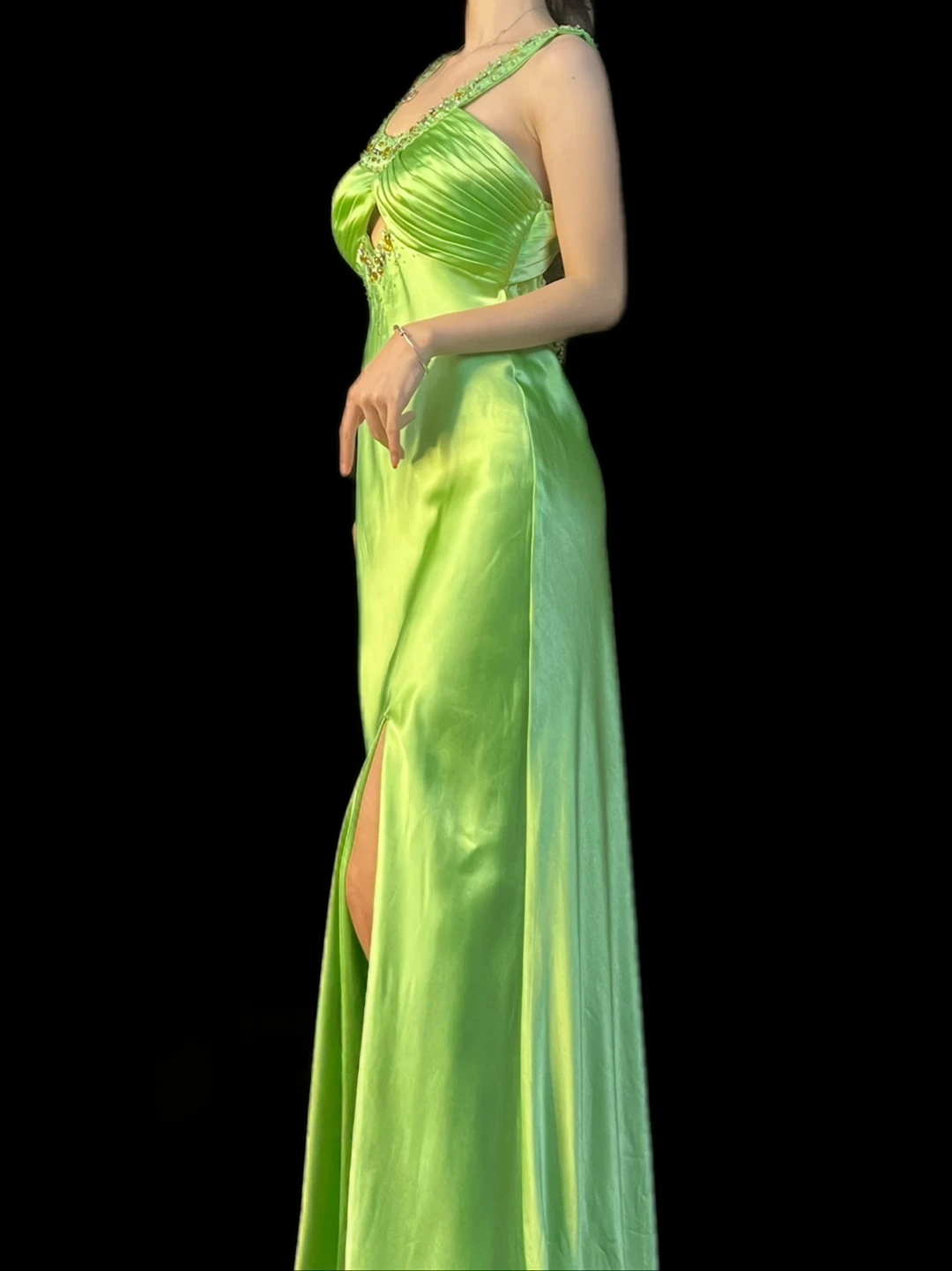 Green Satin Formal Prom Dress Beaded Evening Dress With Slit  J10132