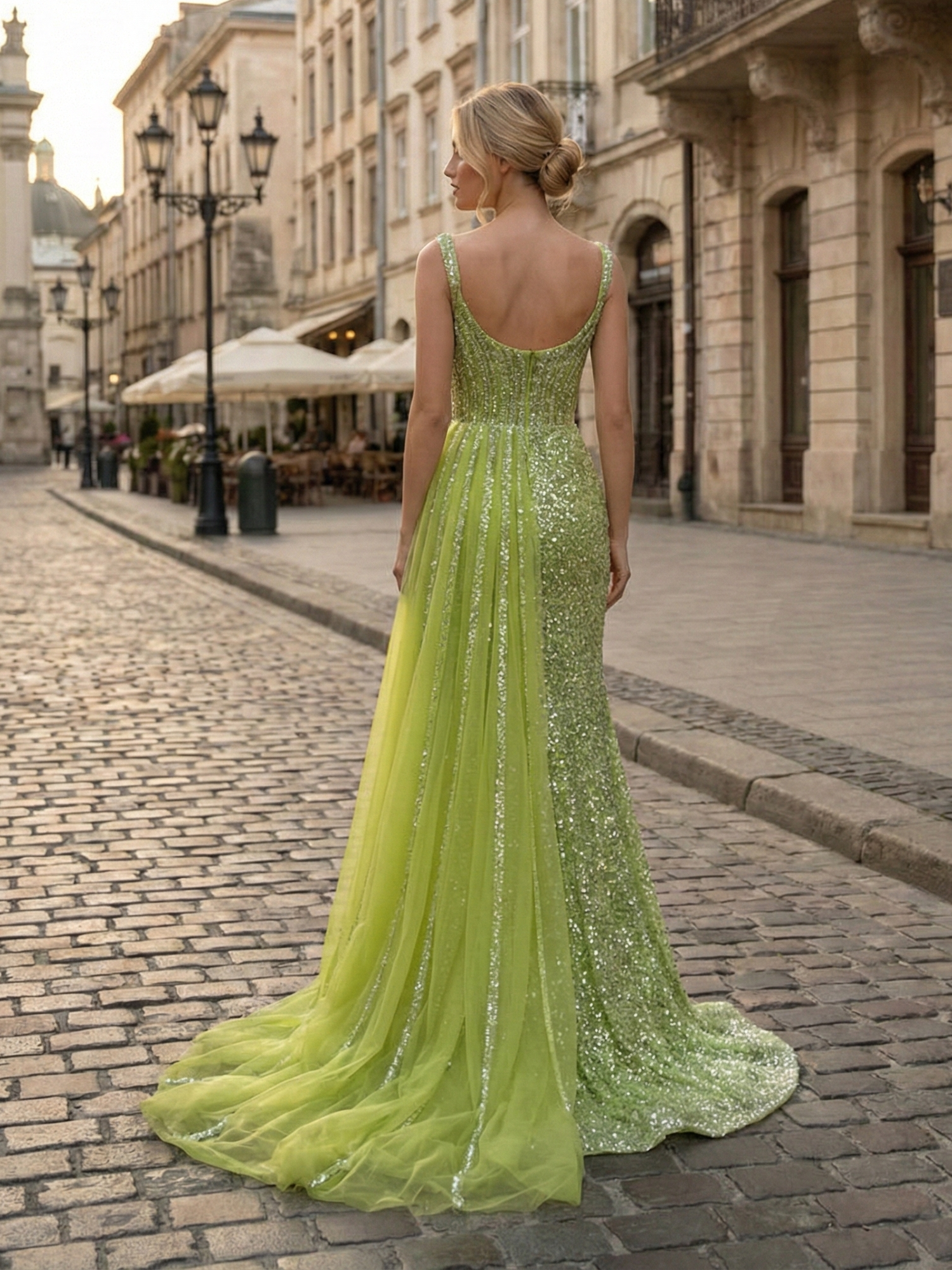 Green Sequin Tulle Train Prom Dress with Slit