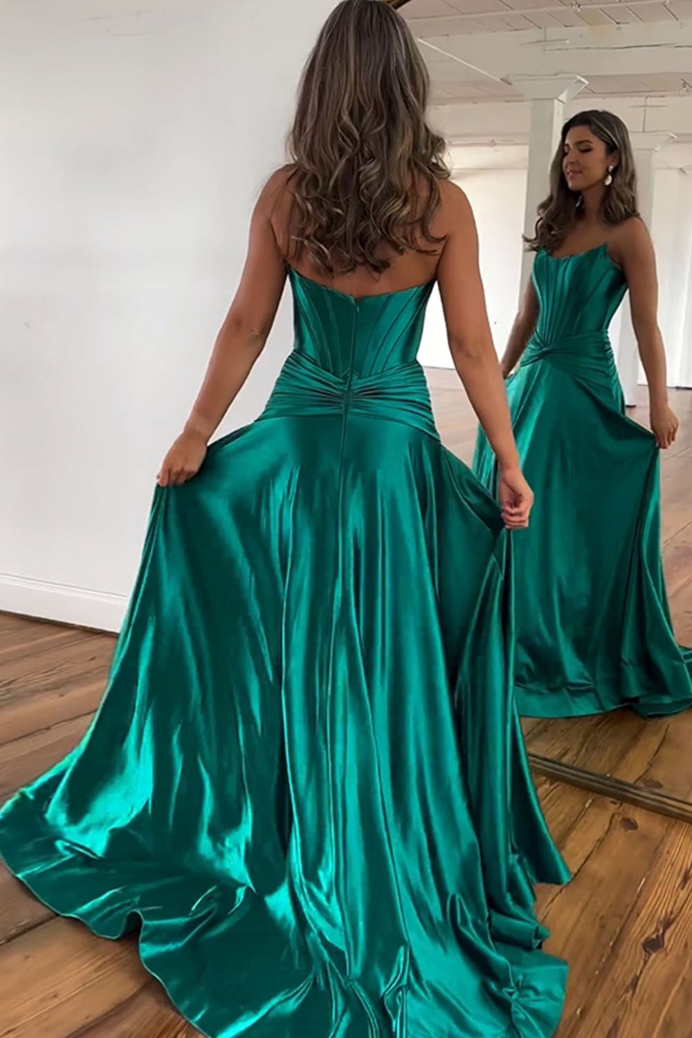 Green Strapless A-Line Long Satin Prom Party Dress With Split - View 2 | FashionDia