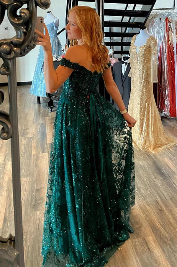 Tulle A-line Off Shoulder Lace Appliques Prom Dresses With Slit - View 2 | VelvetHem