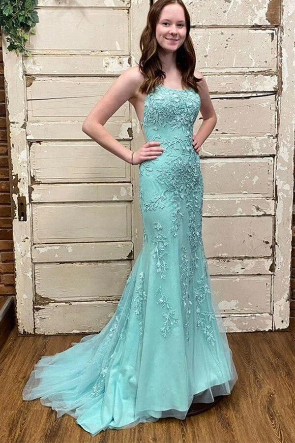 Tulle Mermaid Scoop Neck Lace Up Back Prom Dresses, Party Dress - VelvetHem