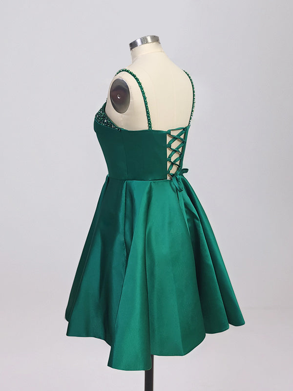 A Line Spaghetti Straps Satin Short Homecoming Dress