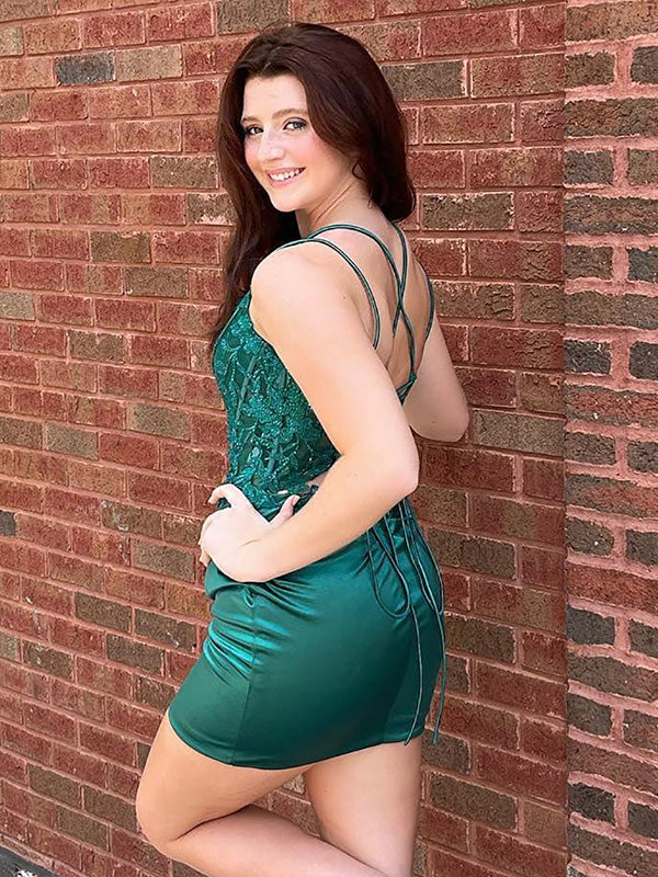 Bodycon Double Straps Satin Homecoming Dress With Appliques