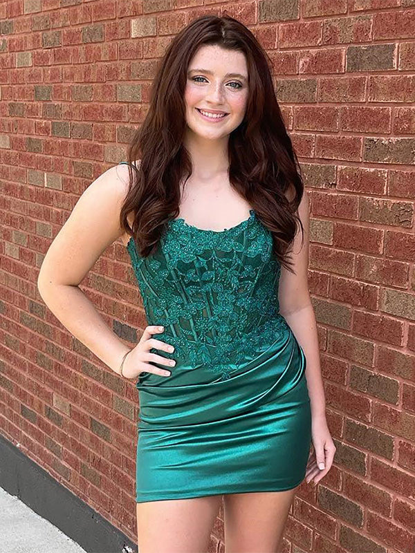 Green Bodycon Double Straps Satin Homecoming Dress With Appliques