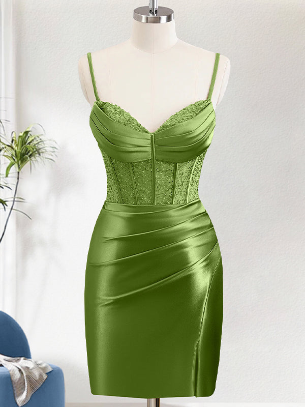 Bodycon Spaghetti Straps Corset Satin Red Homecoming Dress with Slit - FashionDia