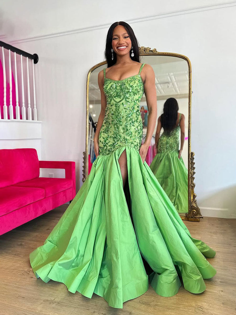 Green Mermaid Satin Sequin Beaded Long Prom Dresses with Slit