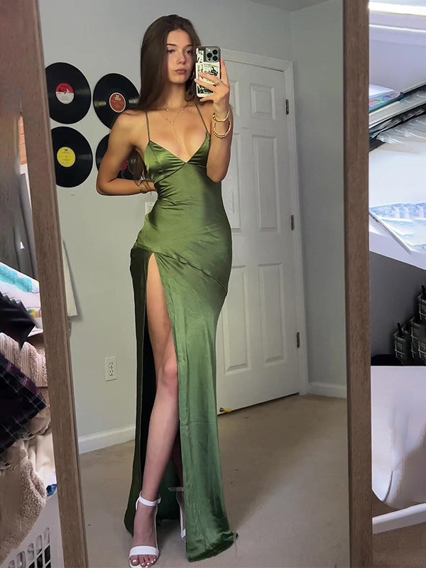 Green Sexy Spaghetti Straps Soft Satin Long Party Dress
