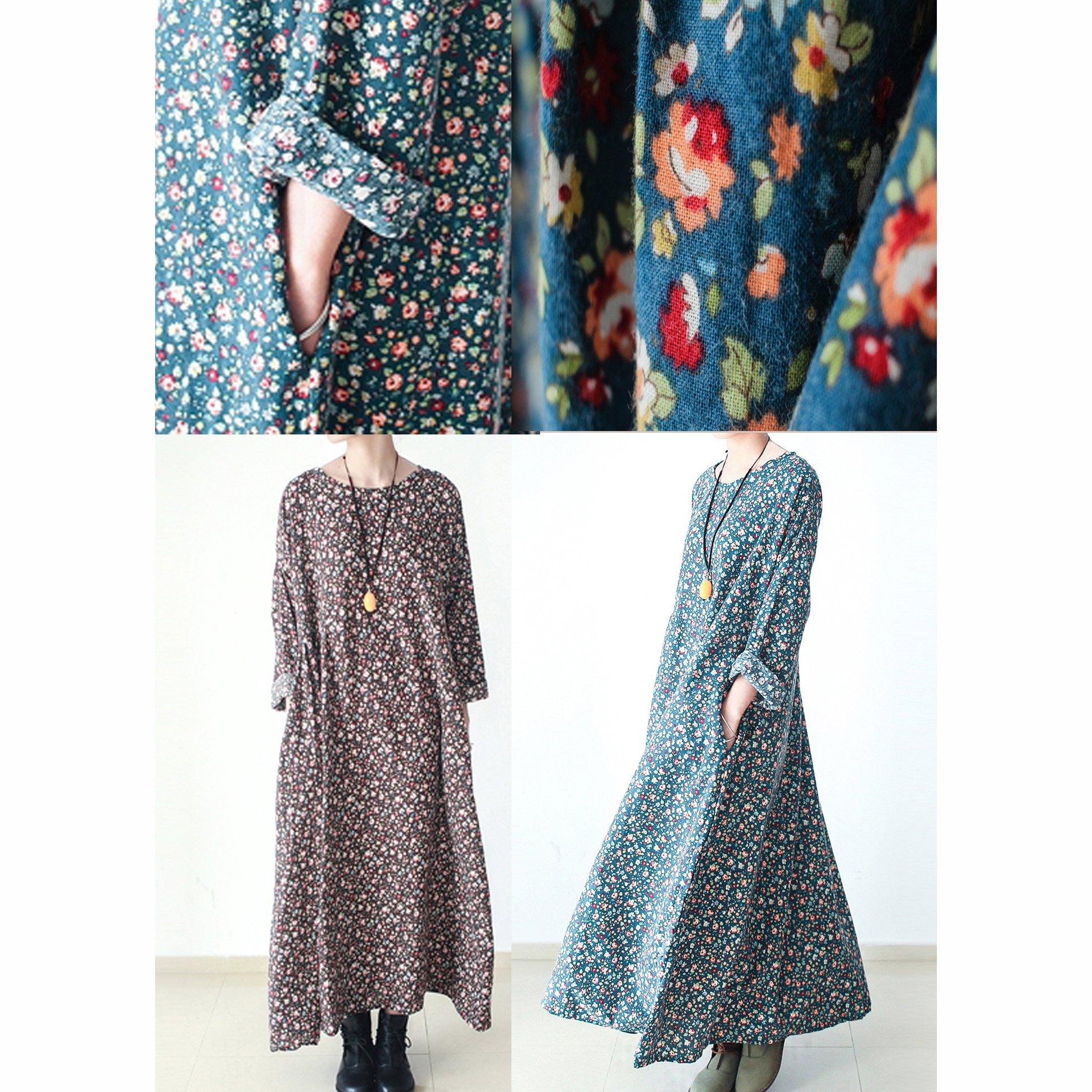 Green Floral Plus Size Cotton Dresses Long Sleeve Dresses Print Maxi Dresses