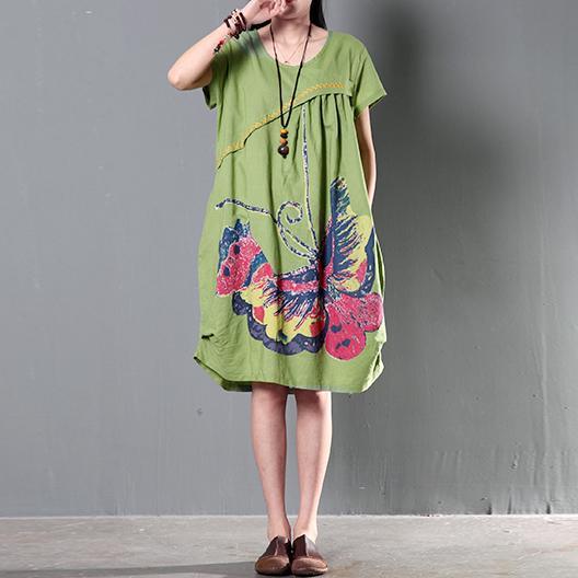 Green plus size sundress casual short sleeve summer shift dresses flying butterfly