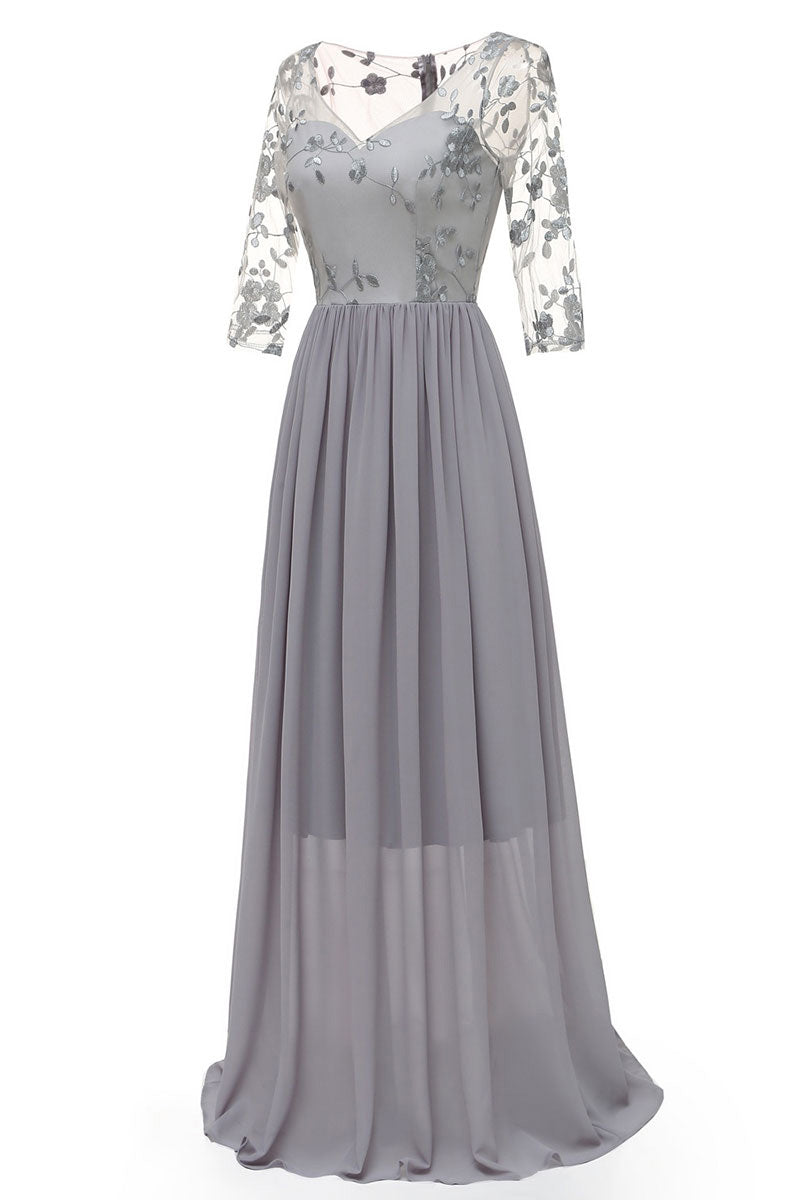 Burgundy Long A-line Long Sleeves Prom Dress With Appliques - Fashionpara