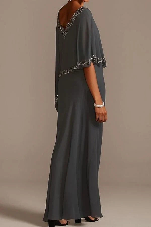 Grey V Neck Mother of the Bride Dress Chiffon Batwing Sleeve Wedding Guest Dress