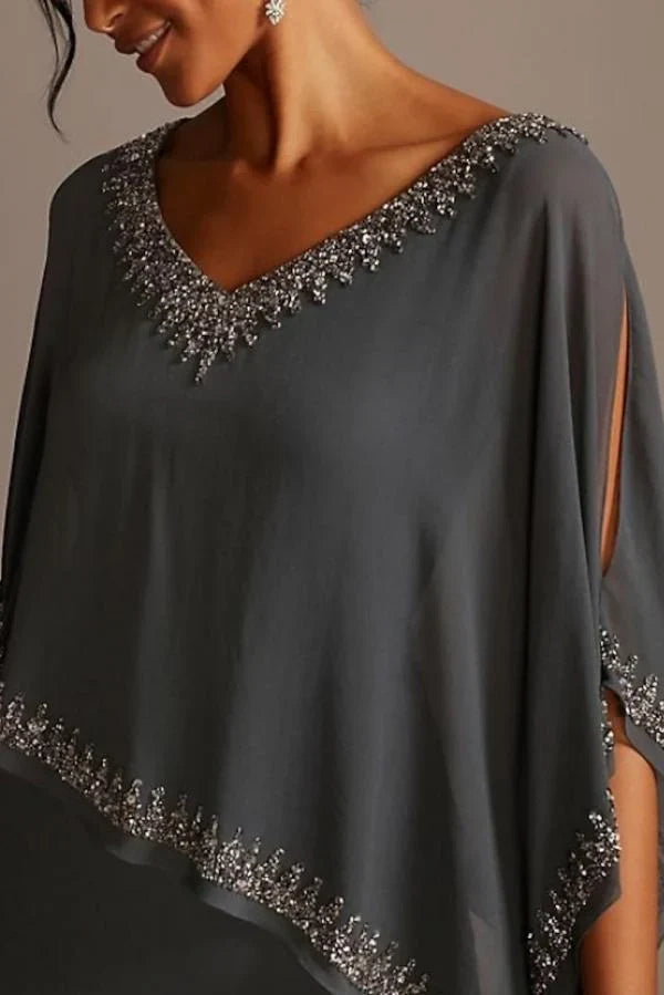 Grey V Neck Mother of the Bride Dress Chiffon Batwing Sleeve Wedding Guest Dress