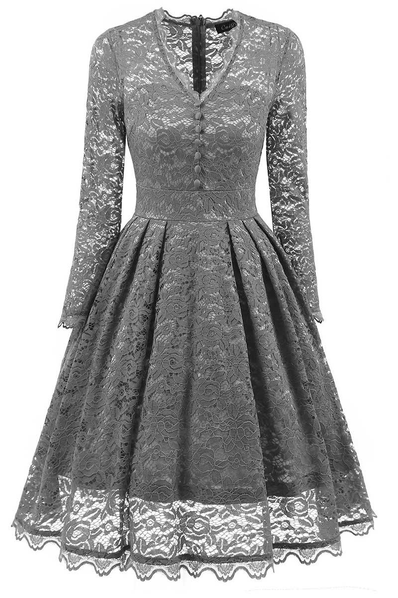 V-neck Lace Prom Dress With Long Sleeves - Fashionpara