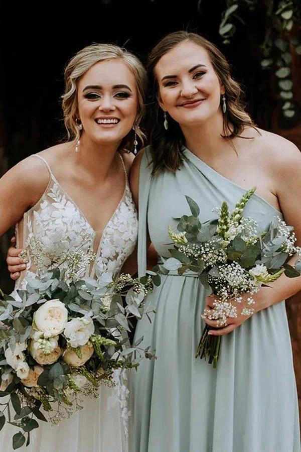 Grey Green One Shoulder Sweep Train Chiffon Bridesmaid Dress (ZD13278)