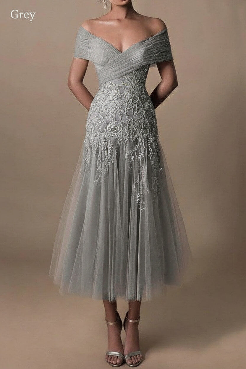 Gorgeous Short Long Off-the-Shoulder Beadings Beach Bridal Dress With Lace