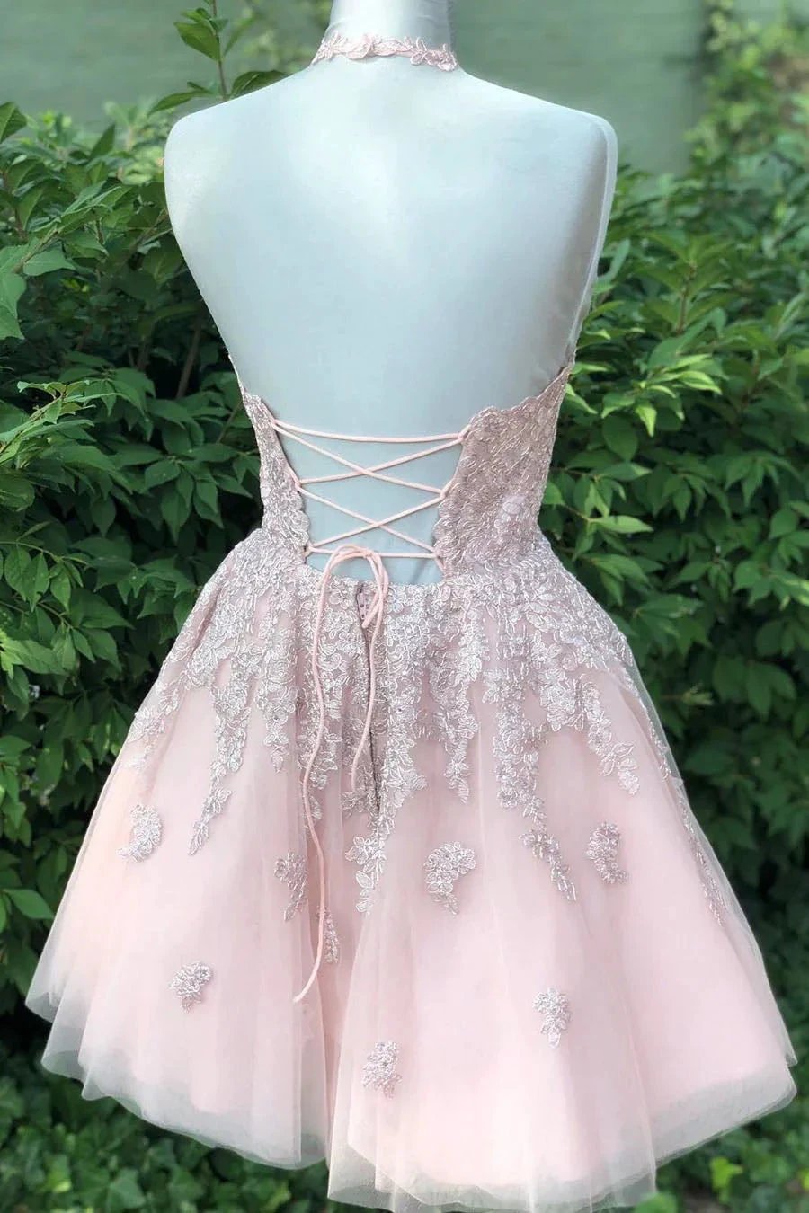 Beautiful Halter Backless Pink Lace Tulle A-line Short Homecoming Dresses (ZD11570)