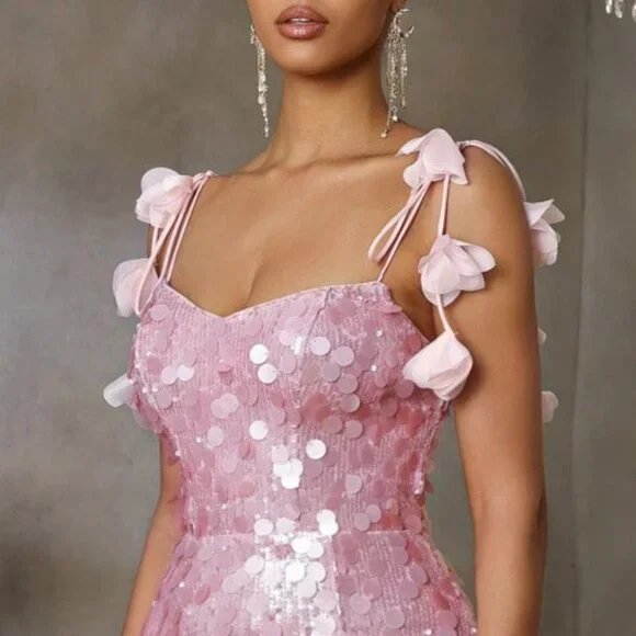 Sparkly Spaghetti Straps Pink Sequin Mermaid Slit Evening Dress Long Birthday Party Dress