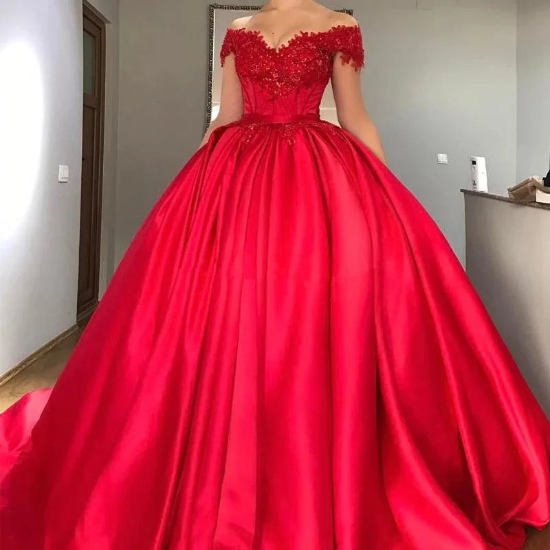 customized Red Ball Gown V Neck Prom Dresses Off Shoulder Lace Appliques Beaded Satin Corset Lace Up Plus size Evening Dresses