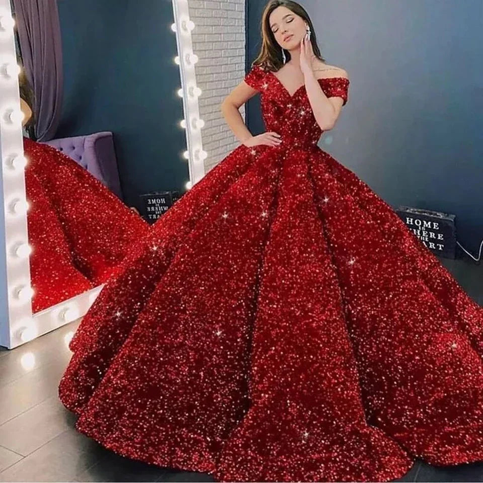 Customized Sparkly Burgundy Evening Dress Long robe de mariee Off Shoulder Sequins Lace Up Ball Gown Vestidos De Noiva picture color 3 Floor Length