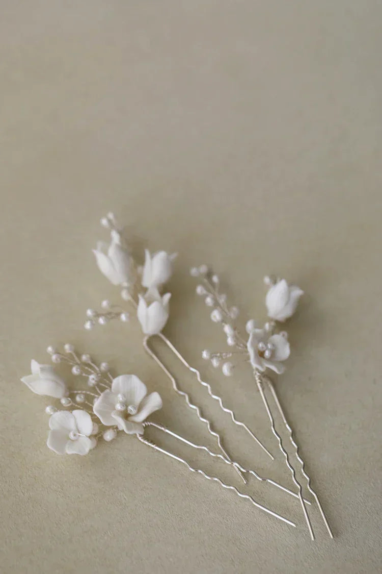 Bridal Jewelry Porcelain Flower Hairpins Silver Color Hair Pin Clip For Brides Bridesmaids Women Head Pieces Wedding Accessories