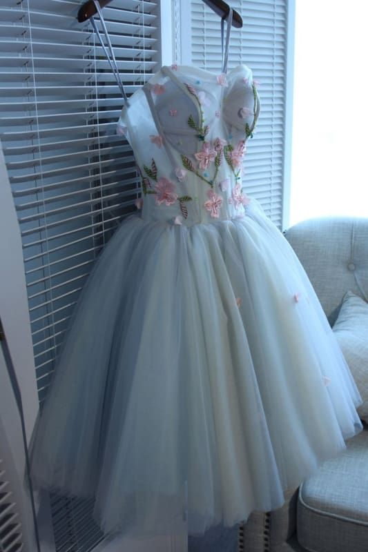Elegant Blue Strapless Tulle Floral A Line Short Homecoming Dress Birthday Outfits D4001