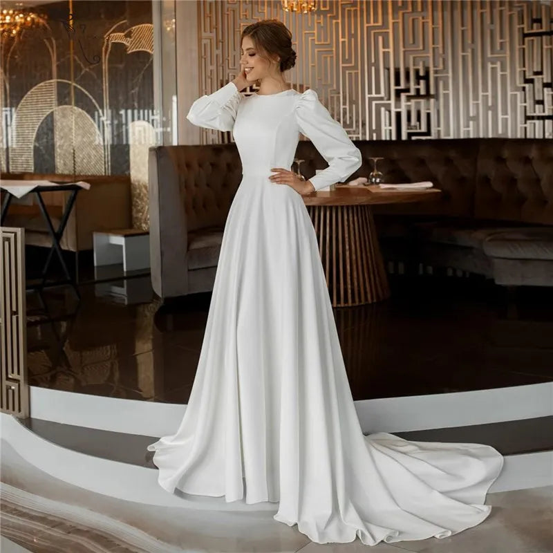 Elegant Long Sleeve Wedding Dresses Satin Muslim Bridal Gowns Dubai Back Button De Mari?e - FashionDia