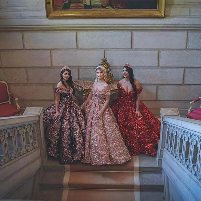 Customized Sparkly Burgundy Evening Dress Long robe de mariee Off Shoulder Sequins Lace Up Ball Gown Vestidos De Noiva