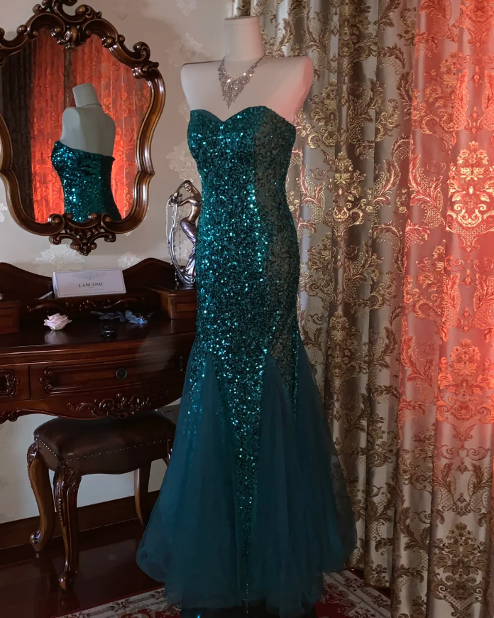 Vintage Strapless Green Tulle Sequin Mermaid Evening Dress Long Wedding Guest Dress Party Gown - View 4 | FashionDia
