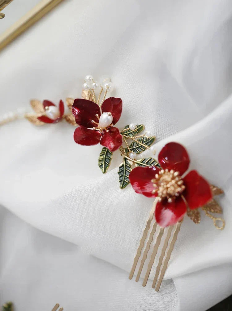 Red Flower Headpieces Headbands Leaf Headdress For Brides Party Dinner Dress Hairbands Wedding Accessories Bridal Hair Jewelry
