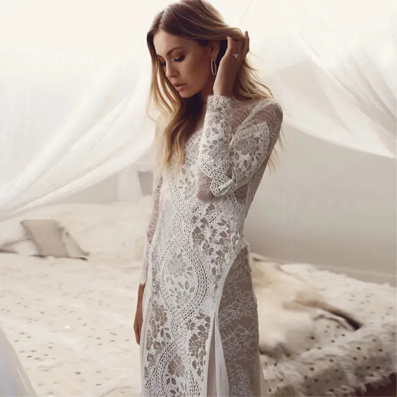 Backless Wedding Dresses Long Sleeves Vintage Bohemian Open Back Sexy Illusion Beach Wedding Bridal Dress Simple Bride Gown