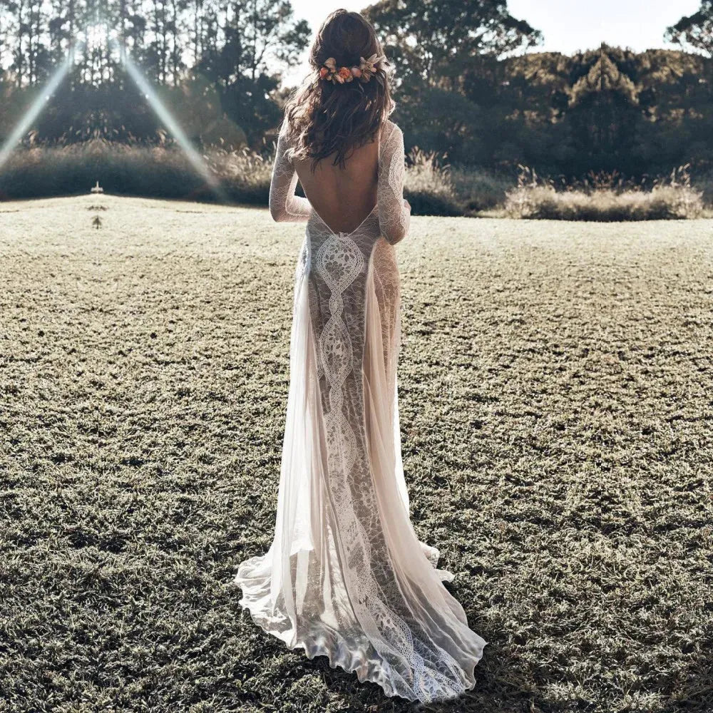 Backless Wedding Dresses Long Sleeves Vintage Bohemian Open Back Sexy Illusion Beach Wedding Bridal Dress Simple Bride Gown As Picture