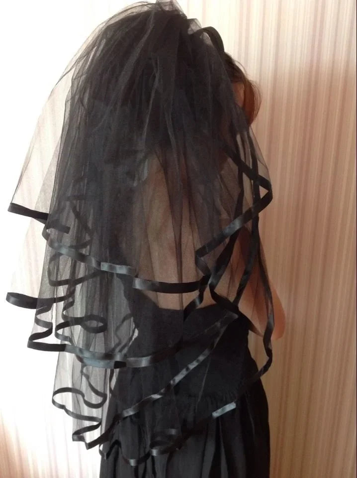 Four-Layer Black Tulle Veil Ribbon Edge Wedding Veil Multi-Layer Fingertip Length Bridal Veil Metal Comb White