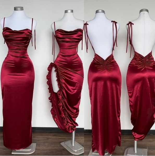 Simple Burgundy Sheath Satin Evening Dress Formal Prom Dress