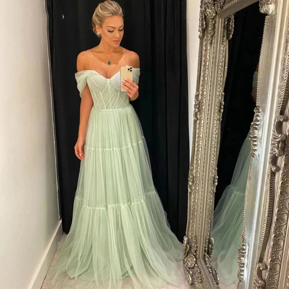 Light Green Tulle Long Prom Dresses Pleats Off the Shoulder Plus Size Women Party Gowns Tiered Evening Dress As Picture