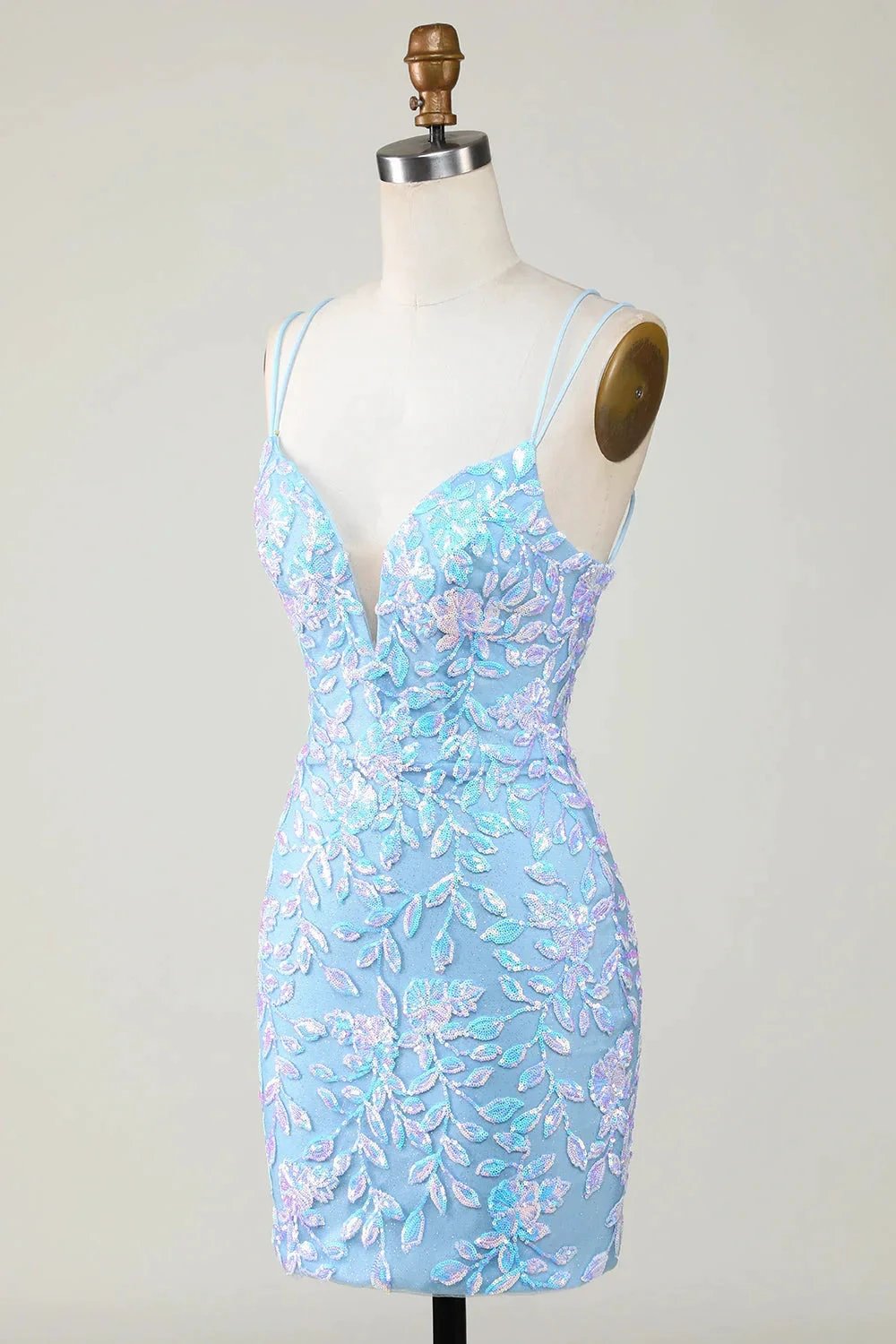 Blue Sheath Spaghetti Straps Short Homecoming Dress With Aqqliques (ZD11547)