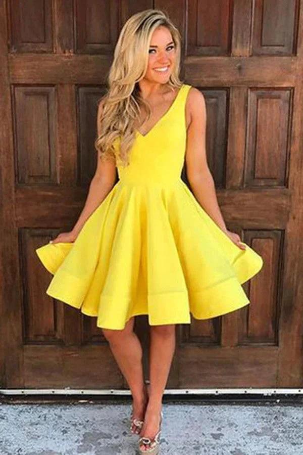 A Line Yellow V Neck Sleeveless Short Homecoming Dresses by Ombreprom