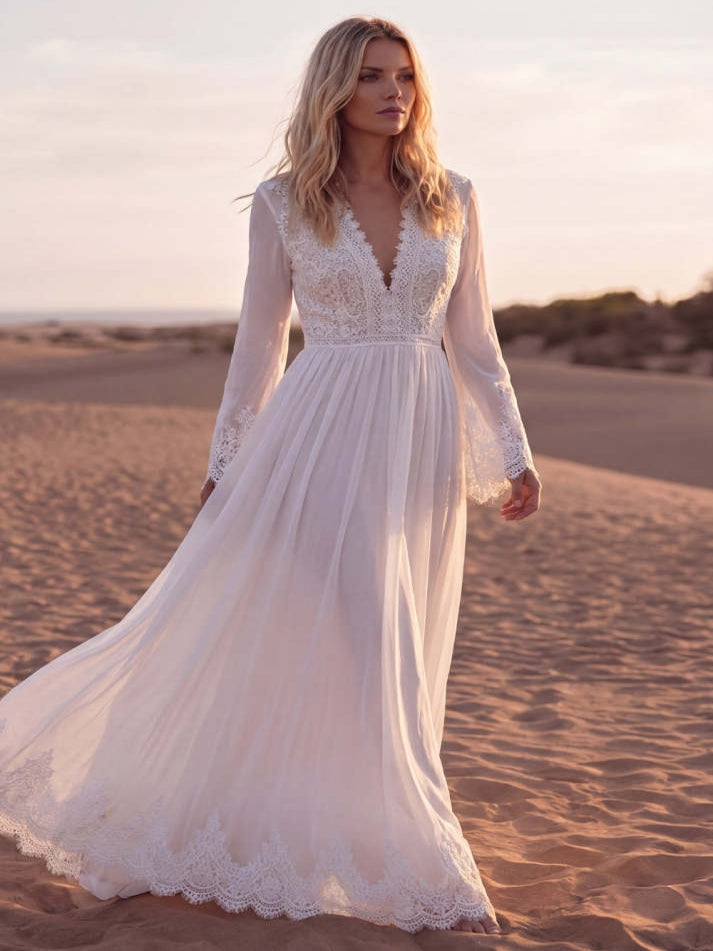 Floral A Line White Long Western Wedding Dress with Lace