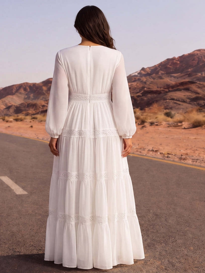 White A Line V Neck Tiered Long Boho Wedding Dress
