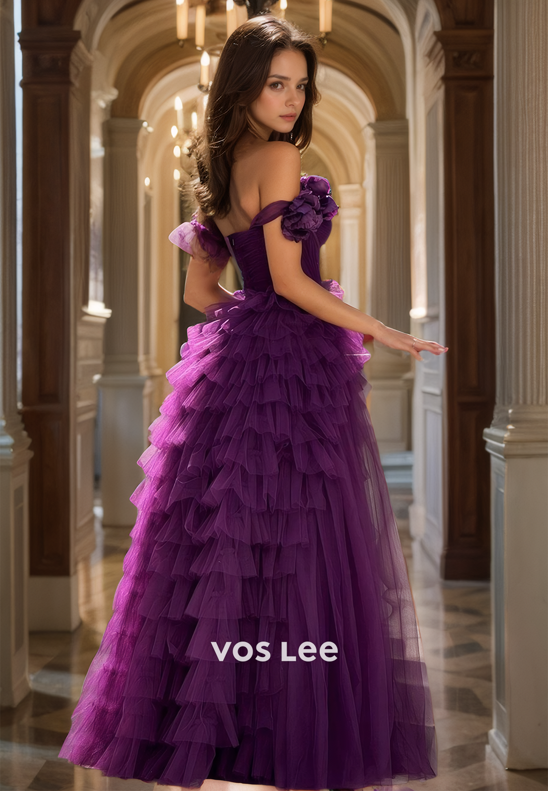 Graceful One Shoulder Purple Tulle Prom Dresses A-Line Tiered Luxury Quinceanera Dress