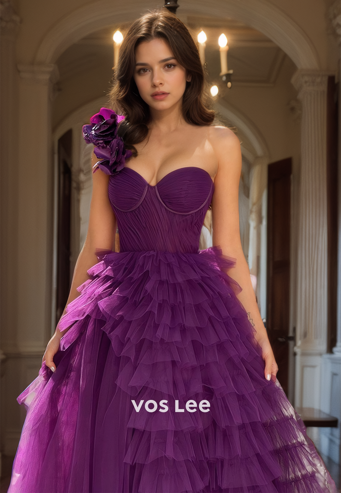 Graceful One Shoulder Purple Tulle Prom Dresses A-Line Tiered Luxury Quinceanera Dress