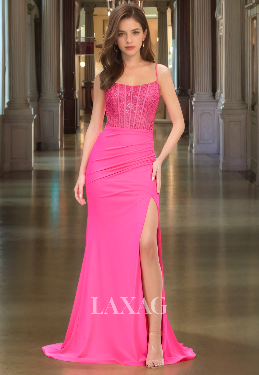 Scoop-Neck Spaghetti Straps Sleeveless Party Gowns Beaded Pleated Mermaid Prom Dress with Sweep Train