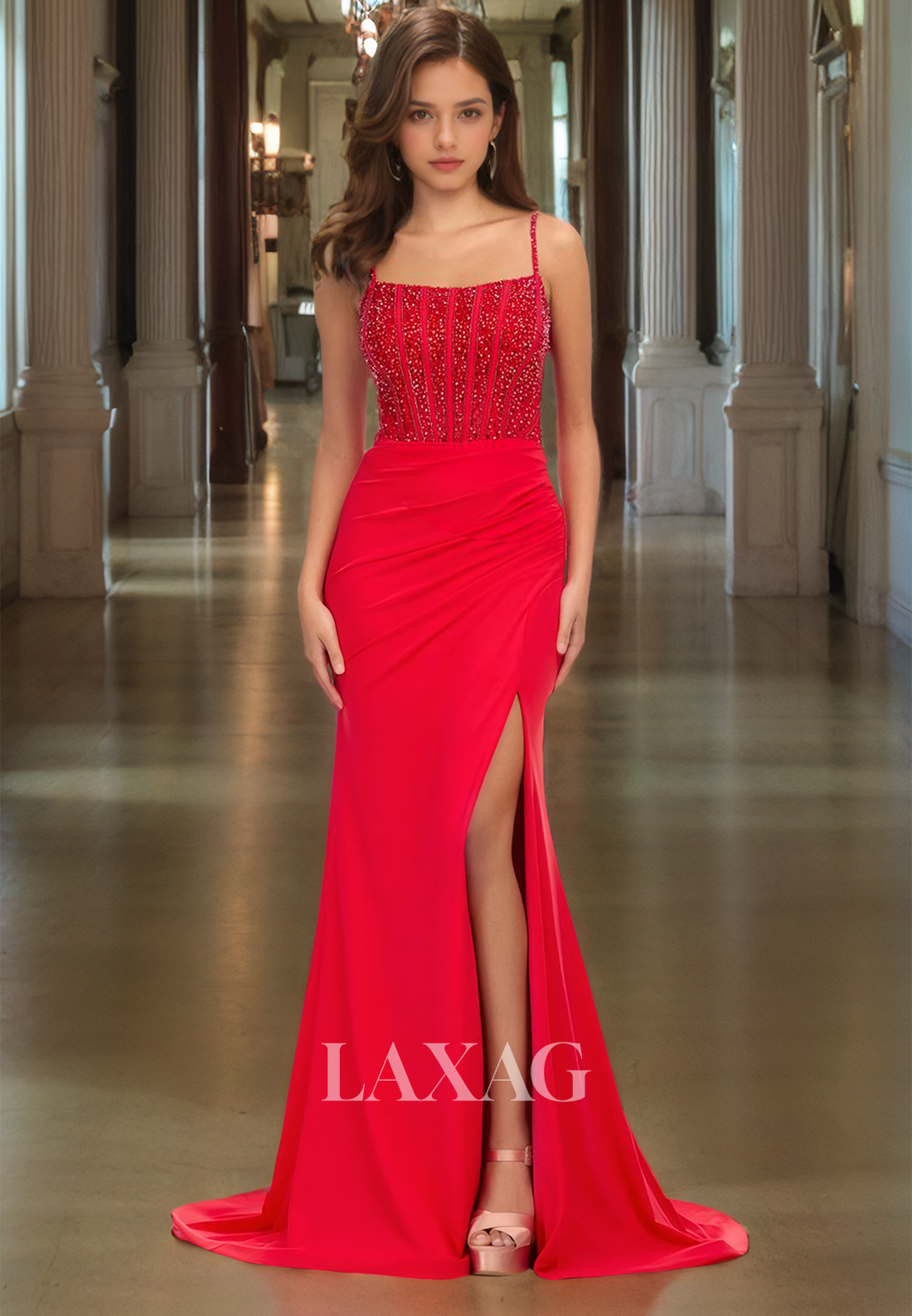 Scoop-Neck Spaghetti Straps Sleeveless Party Gowns Beaded Pleated Mermaid Prom Dress with Sweep Train