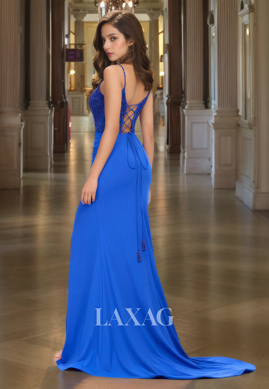 Scoop-Neck Spaghetti Straps Sleeveless Party Gowns Beaded Pleated Mermaid Prom Dress with Sweep Train