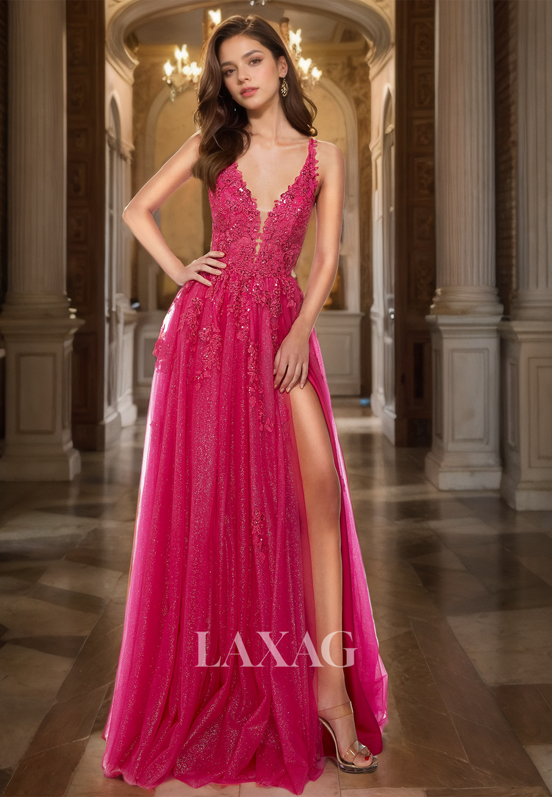 Spaghetti Straps Deep V-Neck A-Line Prom Dress Pleated Applique Glitter-Knit Party Gowns with Slit