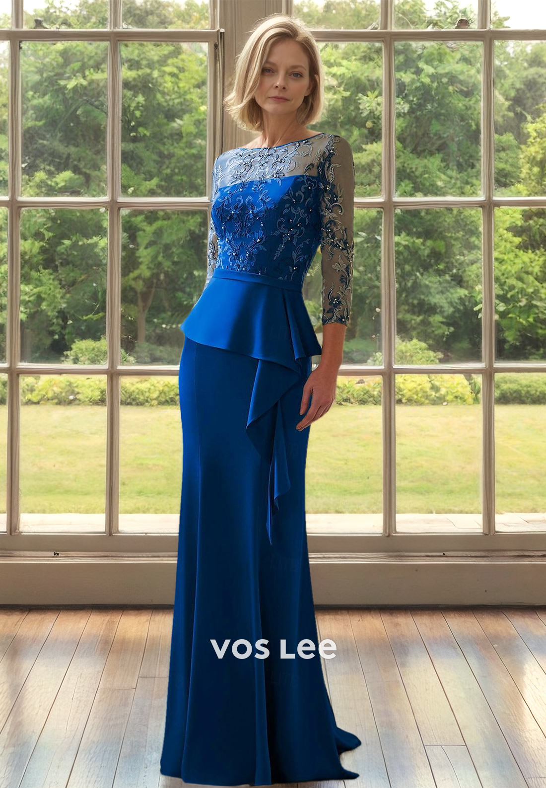 Graceful Column Bateau Lace Appliques Ruffled Long Satin Mother of the Bride Dress