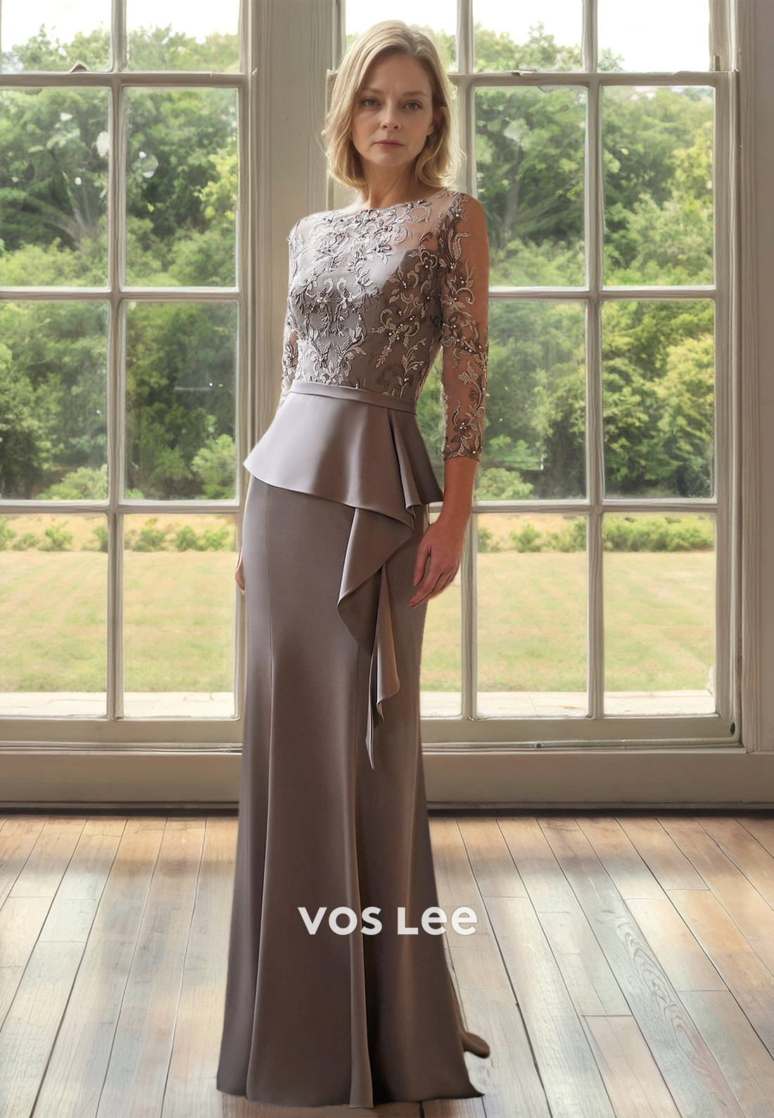 Graceful Column Bateau Lace Appliques Ruffled Long Satin Mother of the Bride Dress