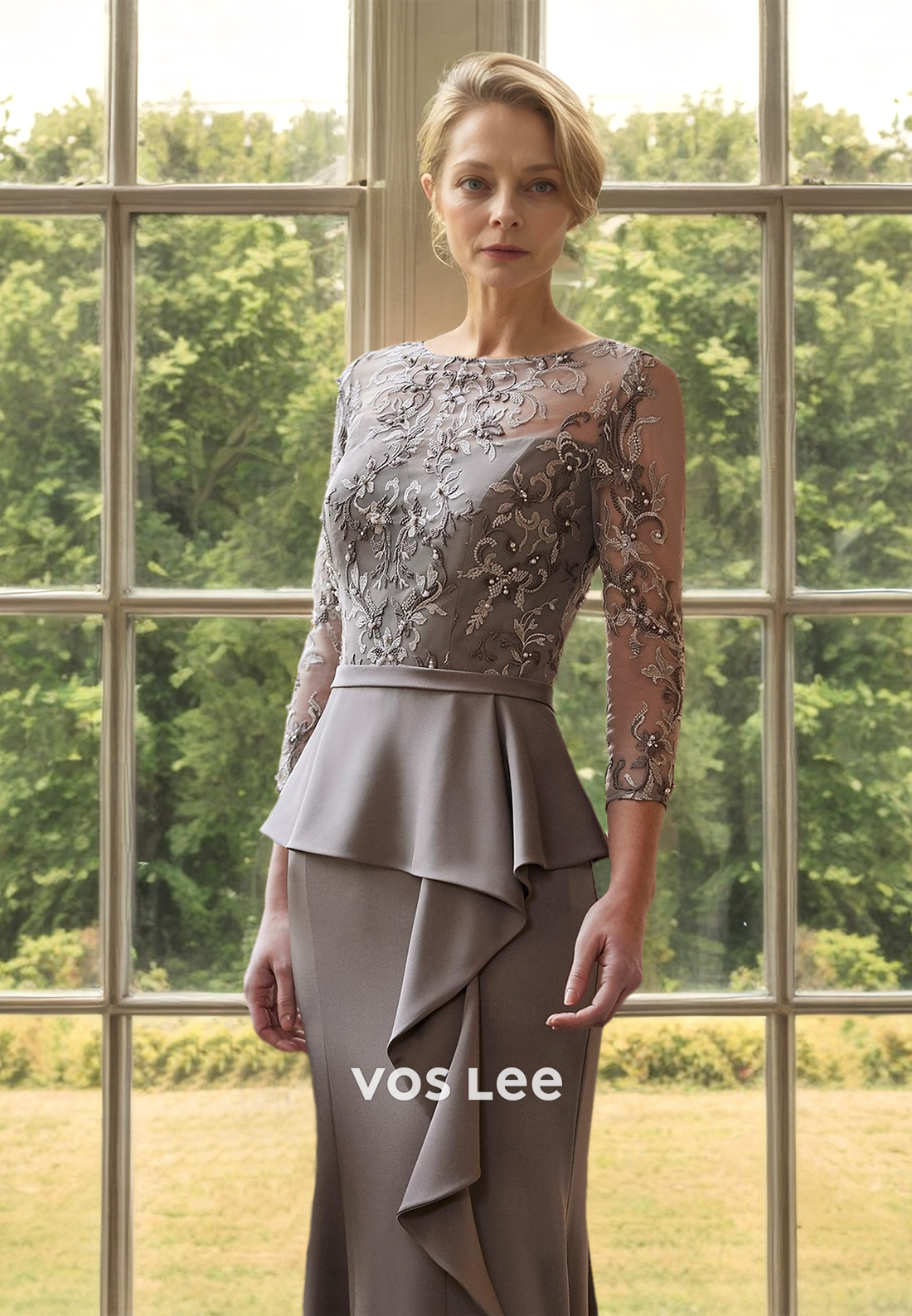 Graceful Column Bateau Lace Appliques Ruffled Long Satin Mother of the Bride Dress