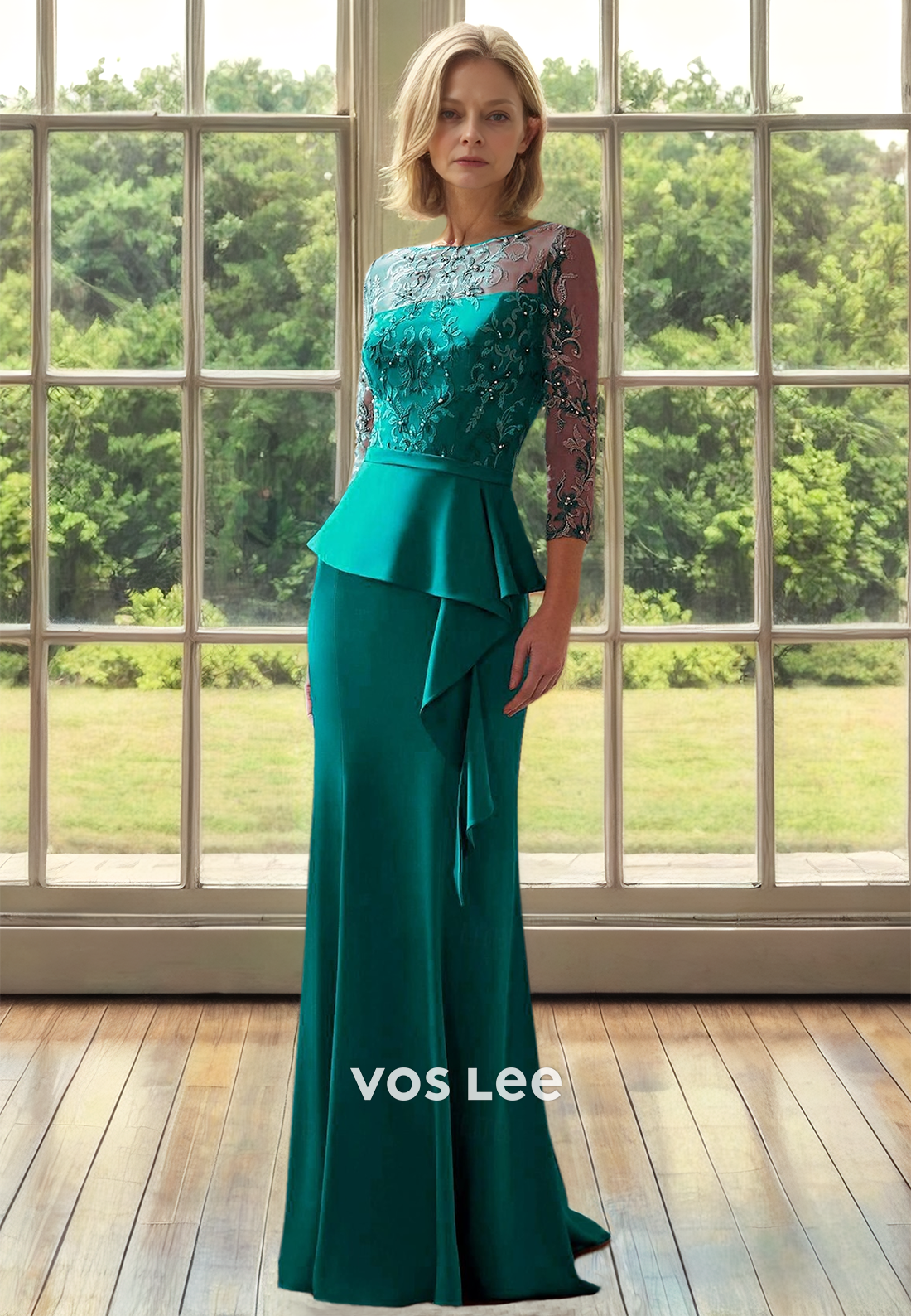 Graceful Column Bateau Lace Appliques Ruffled Long Satin Mother of the Bride Dress